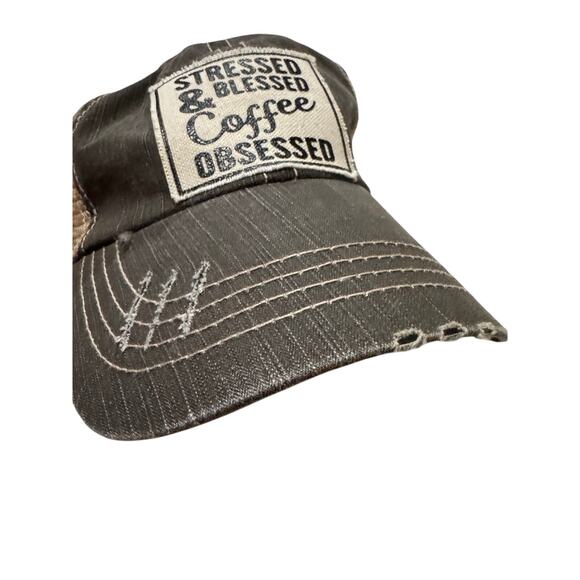 NWOT women’s trucker hat stressed blessed and coffee obsessed grey and beige - Picture 2 of 6
